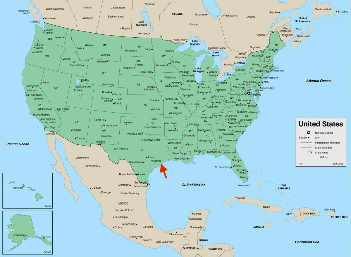 Houston on Texas - USA map